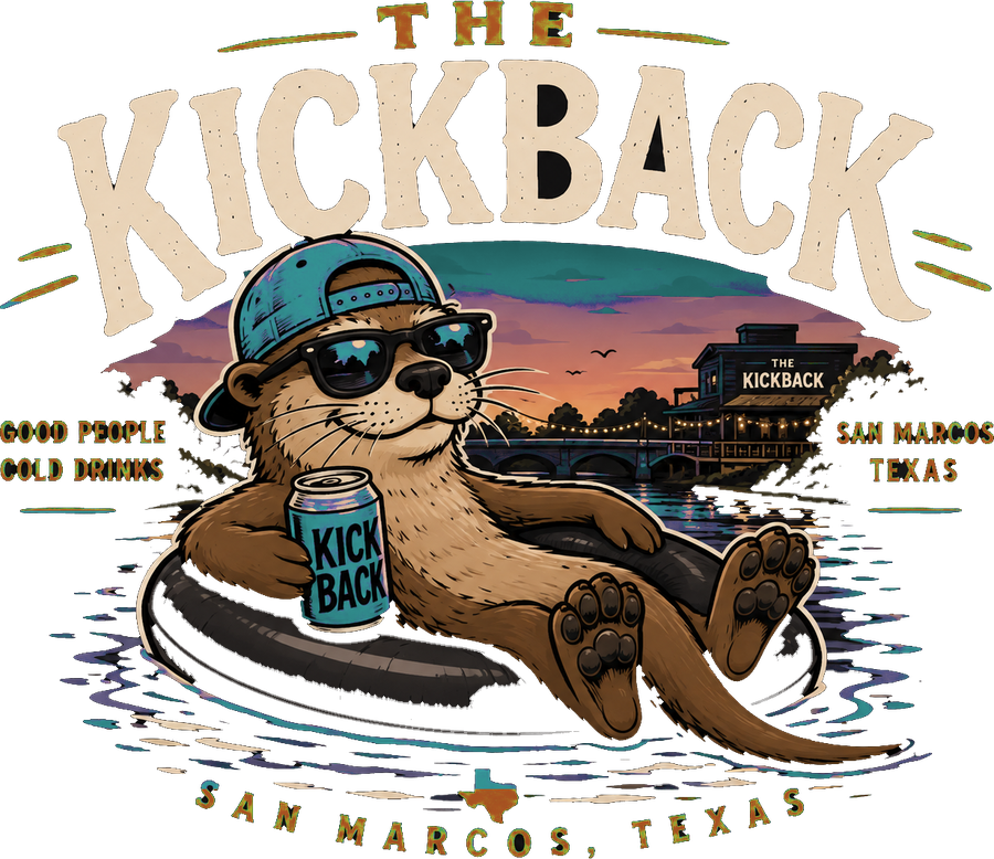 The Kickback river otter mascot, wearing a cap and sunglasses, floating on an inner tube with a Kickback can, on the San Marcos River at sunset